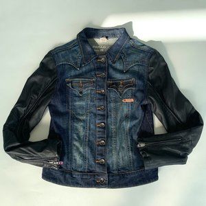 Jean jacket with leather sleeve